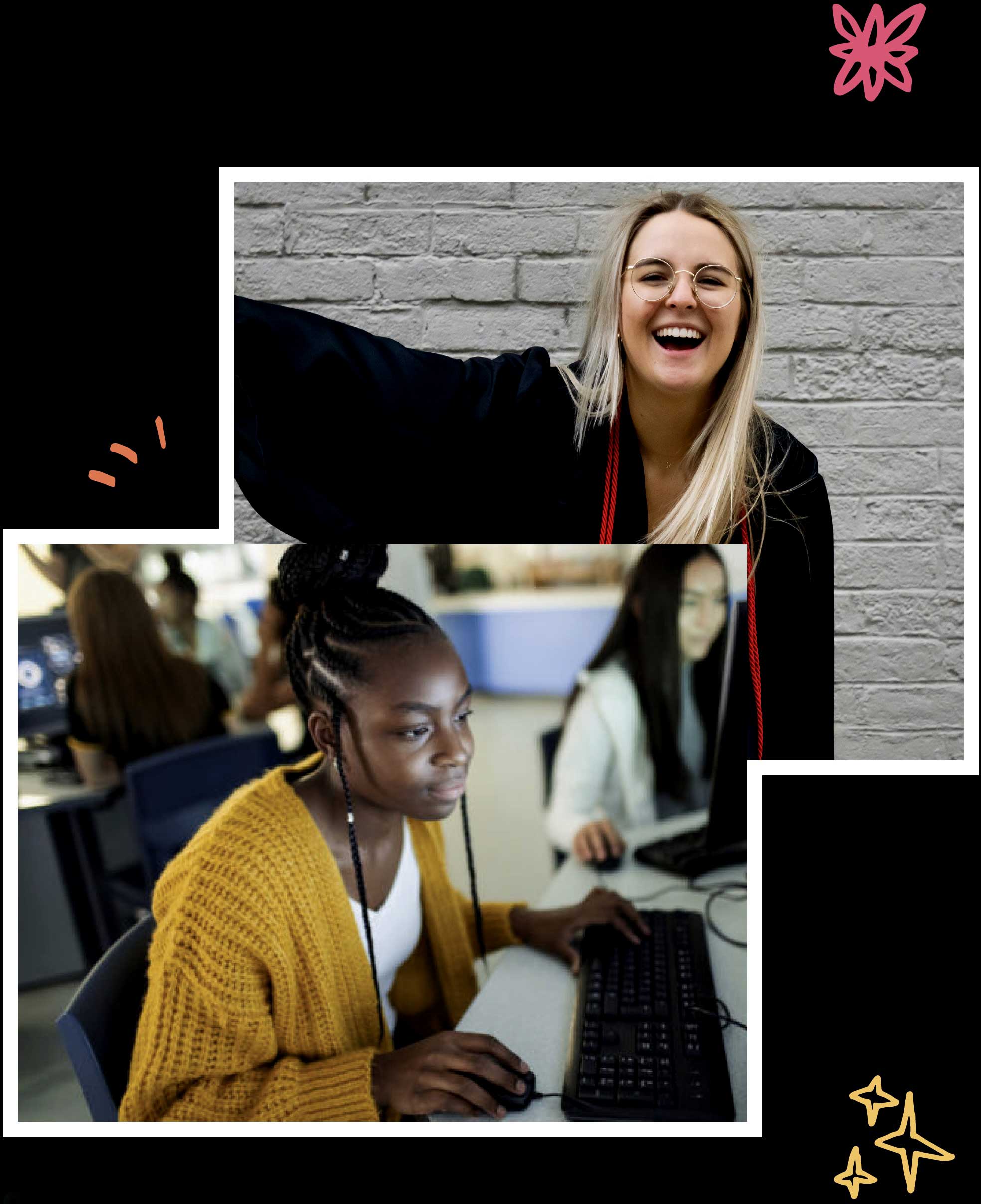 Picture of recent graduate, and girl at computer working in library